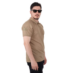 Beige Tactical Collared T-Shirt with Veil Area