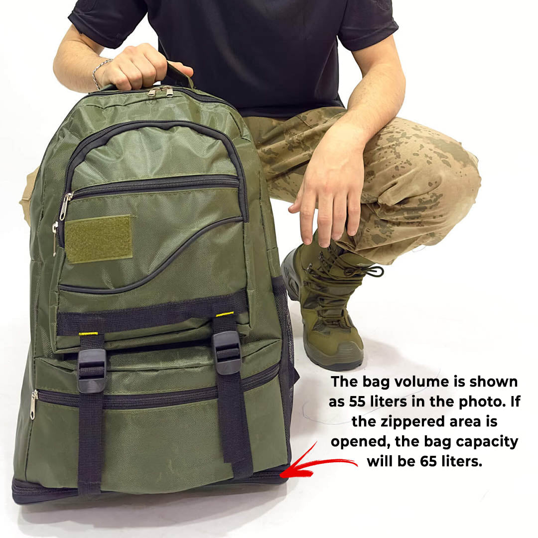 Khaki Volume Expandable Mountaineer Camper Backpack - 55+10 Liter Bag