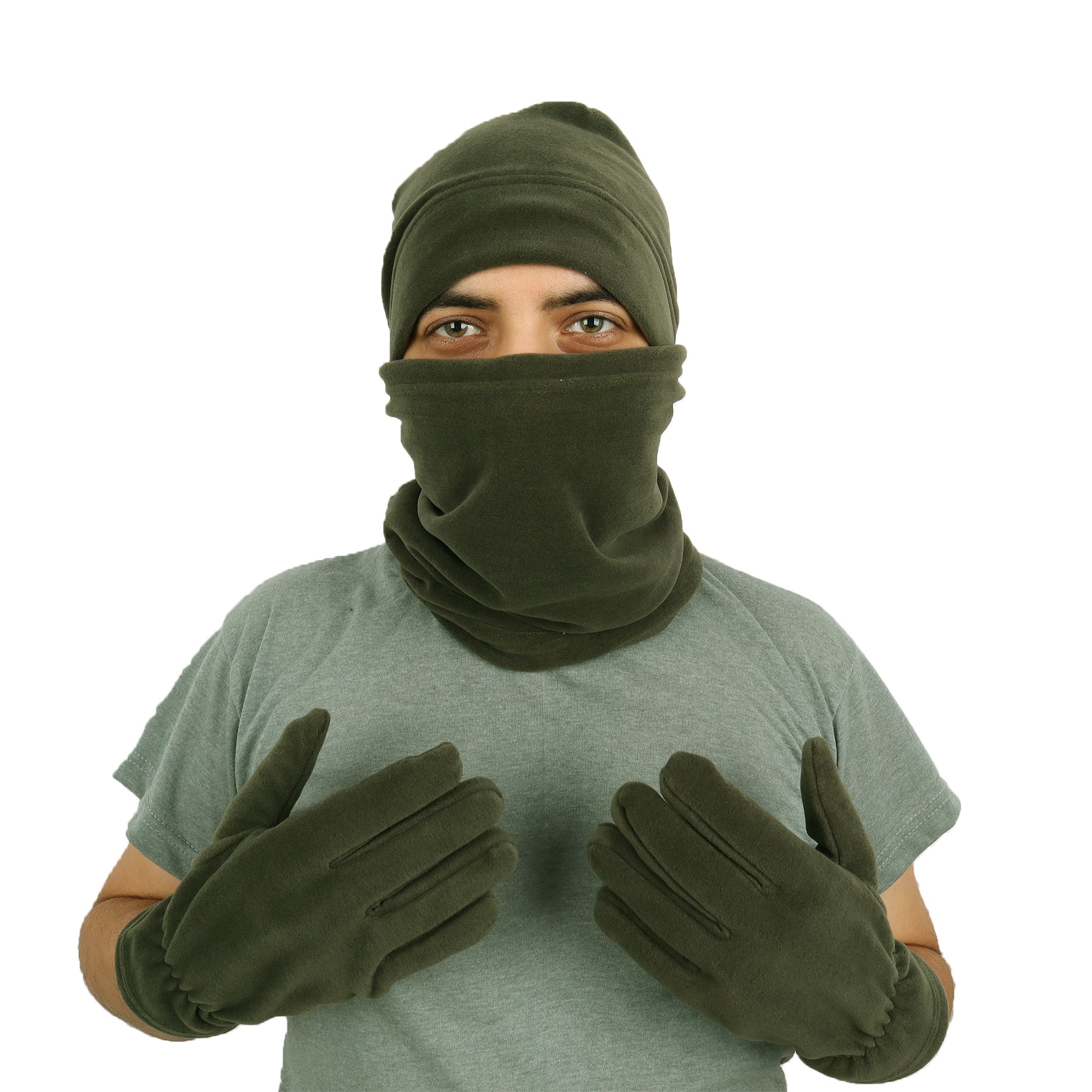 Military Green Fleece Beanie - Fleece Neck Collar - Fleece Gloves (Set of 3)